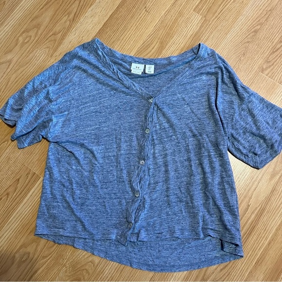 H by Halston Tops - Halston 100% linen gray blue slub cotton feel button short sleeve baggy shirt L